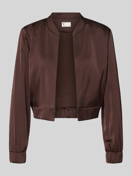 Produktfoto, Regular Fit Blazer mit Stehkragen von V by Vera Mont, brauner Satin, offenes Design, glatte Textur, Rückenlänge 45 cm