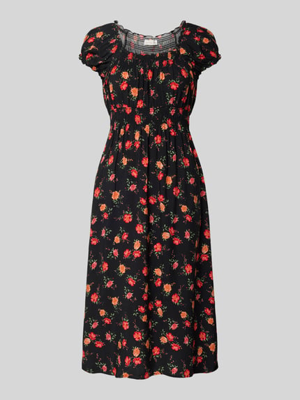 Produktfoto, Midikleid aus Viskose mit Karree-Ausschnitt von Apricot, schwarzer Stoff mit rot-gelbem Blumenmuster, taillierte Passform, Puffärmel, Raffungen, weiche Textur