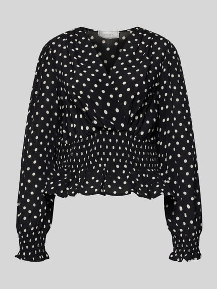 Produktfoto, Bluse aus reiner Viskose in Wickel-Optik Modell 'Tamona' von Neo Noir, zwart met witte stippen, regular fit, getailleerd, met lange mouwen, V-hals, ruches, ruglengte 58 cm, mouwlengte 66 cm