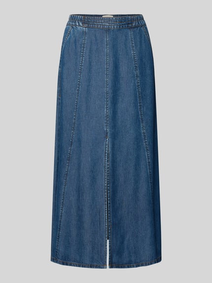Productfoto, Jeansrok met elastische tailleband model 'milo' van FREE/QUENT, puur lyocell in A-lijn, midi lengte, zijzakken, blauw, context: dames jeansrok, taillewijdte maat S 38 cm, totale lengte maat S 88 cm
