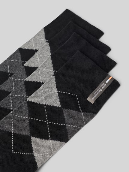 Productfoto, Sokken uit katoenmix met logostitching in set van 4 van camano, Heren sokken, elastische band, grijs-zwarte ruitpatroon