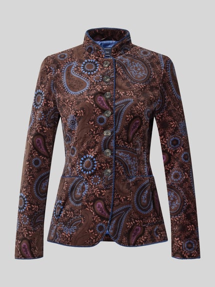 Produktfoto, Slim Fit Blazer met viscose, opstaande kraag, doorlopende knoopsluiting, opgestikte steekzakken, sierboord, blauwbruin paisley patroon, White Label