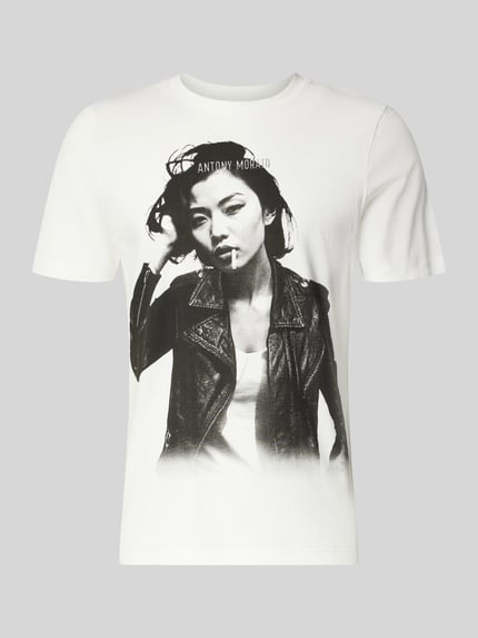 Produktfoto, weißes Regular Fit T-Shirt aus reiner Escorial-Wolle von Antony Morato mit Label-Print, Rundhalsausschnitt, Größe M 70 cm Rückenlänge