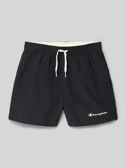 Productfoto, Badehose met steekzakken en logoprint van CHAMPION voor kinderen, loose fit, elastische band met trekkoord, zwart-wit