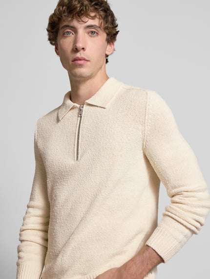 Marc O'Polo DENIM Relaxed fit gebreide pullover in polostijl van katoenmix Offwhite - 3