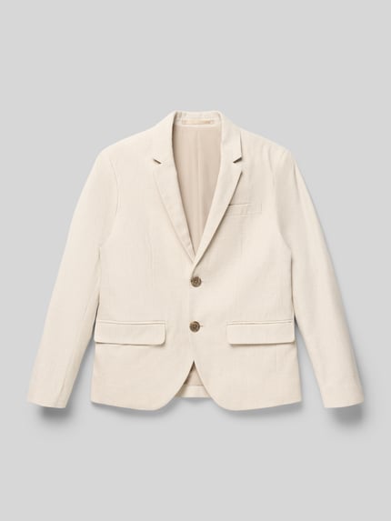 Produktfoto, heller Regular Fit Blazer aus Baumwoll-Leinen-Mix Modell 'MARTIN' von Jack & Jones mit Reverskragen und Pattentaschen, strukturierte Oberfläche, Rückenlänge bei Größe 140: 55 cm, Schulterbreite 35 cm, Ärmellänge 52 cm.