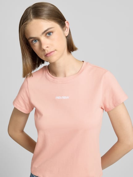 REVIEW T-shirt z wyhaftowanym logo i okrągłym dekoltem Brudnoróżowy 3