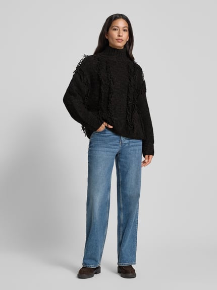 Jake*s Studio Woman Strickpullover mit Stehkragen und Fransen Dunkelbraun 1