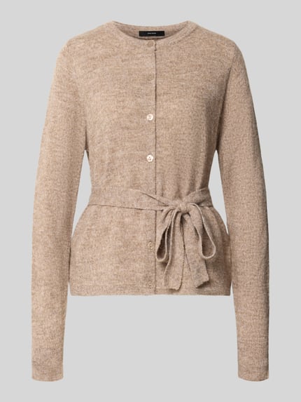 Produktfoto, Cardigan mit Bindegürtel von VERO MODA in Beige, unifarben, Stricktextur, lange Ärmel, Rundhals, Knopfleiste, gerippte Abschlüsse