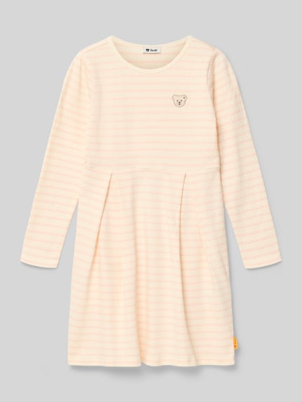 Produktfoto, Regular Fit Kleid mit Logo-Stitching von Steiff, strukturierter elastischer Baumwoll-Mix, hell gestreift, langärmelig, Rundhals, Kellerfalten