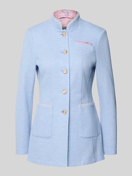 Produktfoto, Slim Fit Blazer mit Stehkragen und aufgesetzten Taschen von WHITE LABEL in Hellblau, Material-Mix mit Viskose-Anteil, sichtbare Knopfleiste und Taschen, Kontrastfutter in zartem Rosa, Struktur-Oberfläche, schlichte Form, für Damen