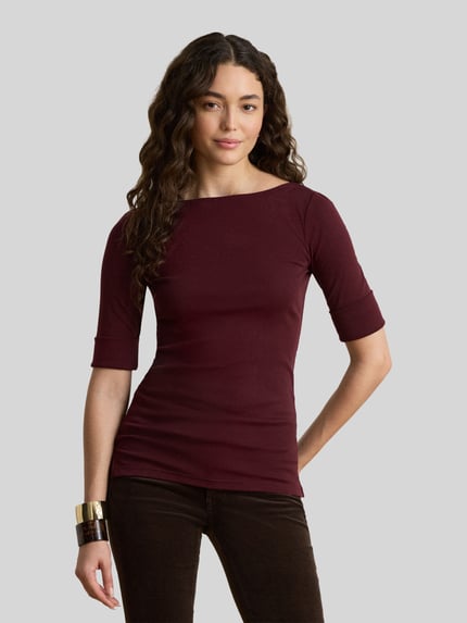 Lauren Ralph Lauren Slim fit t-shirt van katoenmix model 'JUDY' Bordeaux - 4