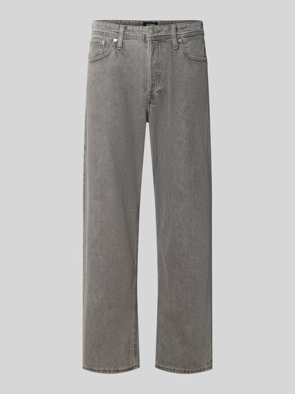Produktfoto, Straight Fit Jeans aus reiner Baumwolle Modell 'Eddie' von JACK & JONES in Grau mit 5-Pocket-Design, Textur fein, Vorderansicht.