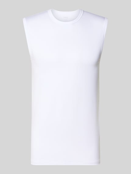 Produktfoto, Muskelshirt aus Modal-Mix mit Rundhalsausschnitt von Mey in Weiß, glatte Oberfläche, Slim Fit, für Herren, frontal freigestellt.
