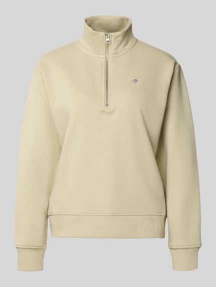 Produktfoto, Sweatshirt mit Baumwoll-Anteil von Gant in Beige, lockerem Schnitt, Troyer-Kragen, Label-Stitching, gerippte Abschlüsse