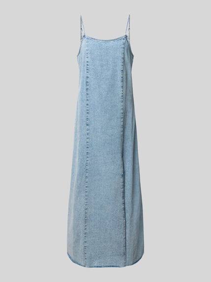 Produktfoto, Jeanskleid mit Spaghettiträgern Modell 'SIGNE' von Noisy May, niebieski denim, czysta bawełna, krój straight fit, maxikleid, okrągły dekolt, regulowane ramiączka, długość pleców w rozmiarze S 121 cm, szerokość w rozmiarze S 48 cm, gładka faktura, prosta linia