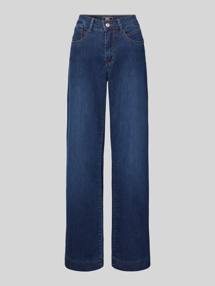 Produktfoto, dunkelblaue Jeans mit 5-Pocket-Design von MAC aus Baumwoll-Mix mit Stretch, lockerer Schnitt, sichtbare Nähte, glatte Textur.