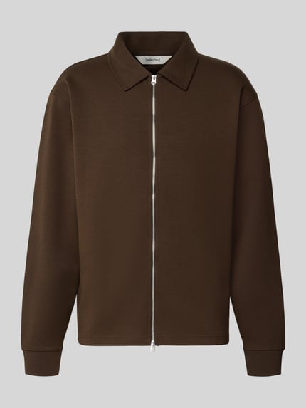 Produktfoto, regular sweatjack van katoenmix model 'TOM' van Selected Homme, donkerbruin met zilverkleurige ritssluiting