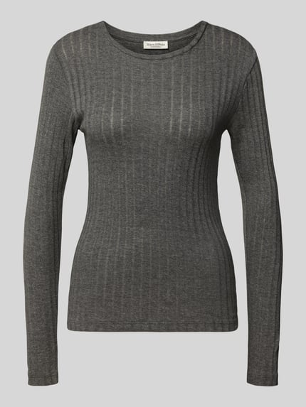 Produktfoto, Slim Fit Langarmshirt aus Baumwoll-Modal-Mix von Marc O'Polo, szary, struktura prążkowana, okrągły dekolt, długi rękaw, materiał rib jersey