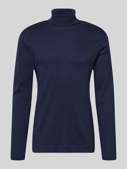 Produktfoto, Regular Fit Longsleeve aus reiner Baumwolle mit Rollkragen von Christian Berg Men, dunkelblau, schlichte Struktur, elastische Abschlüsse, Rückenlänge bei Größe M 70 cm
