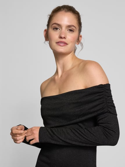 ONLY Minikleid mit Carmen-Ausschnitt mit Glitzerfaden Modell 'ROMA' Metallic Black 3