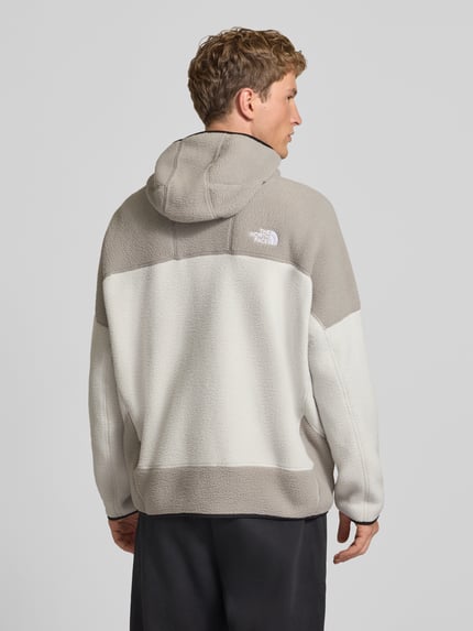 Männermodel trägt Fleecejacke mit Kapuze und Logo-Stitching von The North Face, zweifarbig in Beige und Offwhite, Rückenlänge 72 cm, Ganzkörperansicht Rückansicht.
