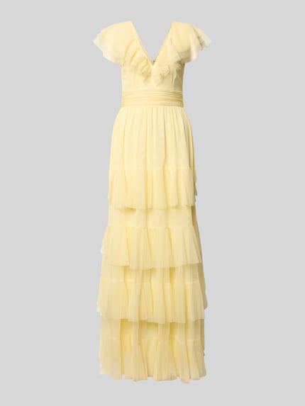 Produktfoto, Maxikleid mit V-Ausschnitt und Taillenband van LACE & BEADS, mesh, A-lijn, laagjeslook, zacht geel, lengte 130 cm, borstwijdte 34 cm