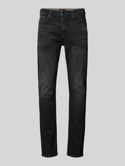 Produktfoto, Slim fit heren jeans in donkere denimlook met labelpatch, studs, knoop- en ritssluiting, 5-pocketmodel, katoenmix, Model 'DELAWARE BO S.ELECTION' van BOSS Orange