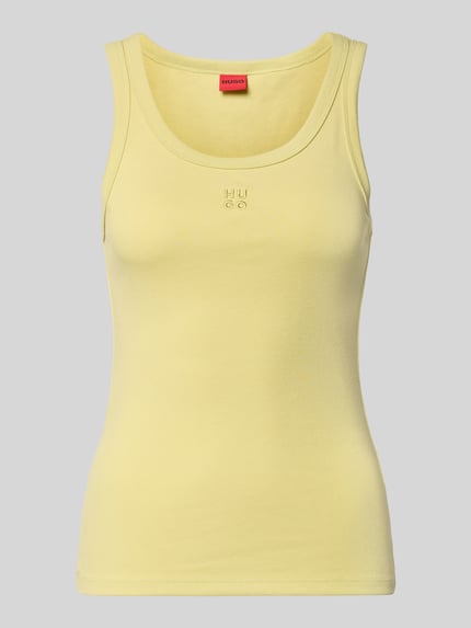 Produktfoto, Slim Fit Tank Top aus Baumwoll-Mix Modell 'DATAMIA' von HUGO in zartem Gelb, Optik: Unifarben, Feinripp-Textur, Label-Stitching-Applikation, U-Ausschnitt, breite Träger