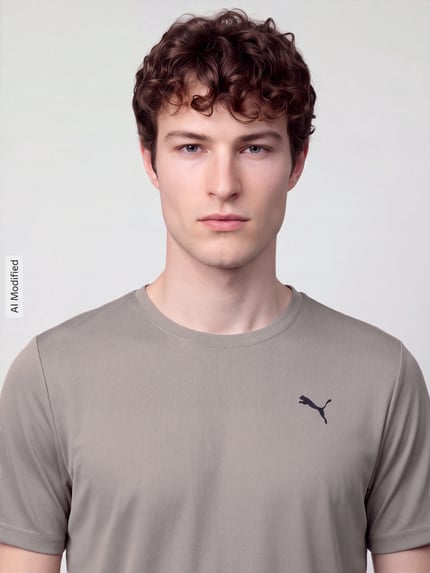 Męski model nosi Regular Fit Sport-T-Shirt mit Logo-Print von PUMA Performance, jasnoszary kolor, gładka tekstura, z przodu nadruk z logo, Nahaufnahme Oberkörper, KI-modifiziertes Bild.
