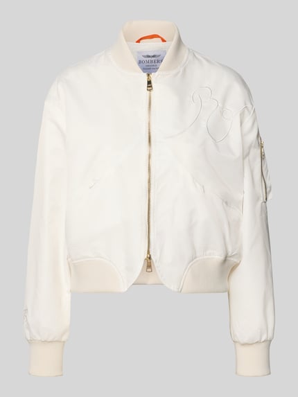 Produktfoto, witte bomberjack met opstaande kraag, regular fit, stitching, tweewegritssluiting, ritszakken, Original Bombers