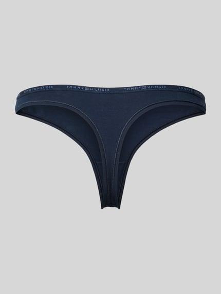 Produktfoto, dunkelblauer String aus Baumwoll-Mix von TOMMY HILFIGER, unifarben mit elastischem Bund und Label-Schriftzug, glatte Textur.
