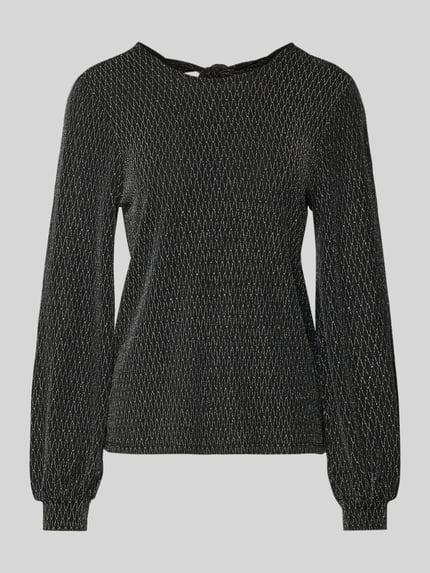 Produktfoto, Regular Fit Langarmshirt mit auffälligem Metallic Allover-Muster Modell 'CAROL' von Only, czarne ze srebrzystym wzorem, elastyczny materiał, połyskująca tekstura, okrągły dekolt, długie rękawy z elastycznym mankietem, głęboki dekolt na plecach i wiązaniem.