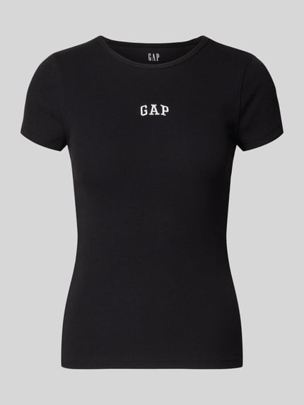 Productfoto, T-Shirt in Ripp-Optik mit Logo van GAP, zwart, katoenmix met modal, slim fit, logo op de borst, ronde hals, lengte rug maat S 53 cm