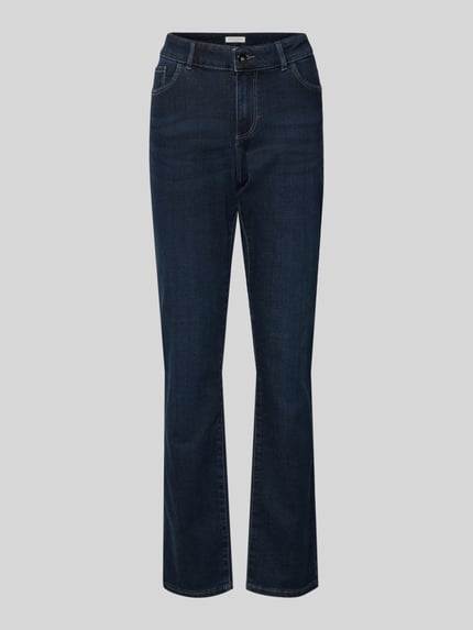 Produktfoto, donkerblauwe Slim Fit Jeans met Stretch-Anteil van Christian Berg Woman, 5-pocket, katoenmix, knoop- en ritssluiting.