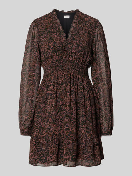 Produktfoto, Minikleid mit elastischem Taillenband und V-Ausschnitt von Apricot, Chiffon, Taillierter Schnitt, Allover-Look, Rüschen, Schwarz-Braun mit filigranem Muster, feine leicht transparente Textur, Rückenlänge bei Größe S 85 cm, Brustweite 45 cm, Ärmellänge 67 cm