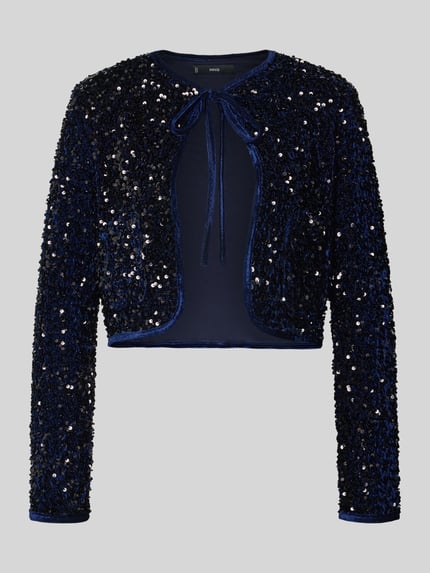 Produktfoto, Bolero mit Pailletten und Schnürung Modell 'XTURNER' von Mango, cropped, dunkelblau, glänzende Oberfläche, glatte Textur.