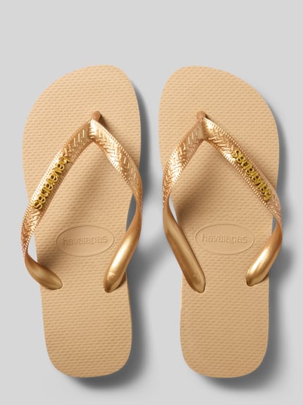 Productfoto, Flip Flop met logodetail van Havaianas, dames teenslippers met afgeronde pasvorm, open hiel, teenslippers, hakhoogte maat 39/40: 1 cm, lichtbruine zool en goudkleurige bandjes met textuur