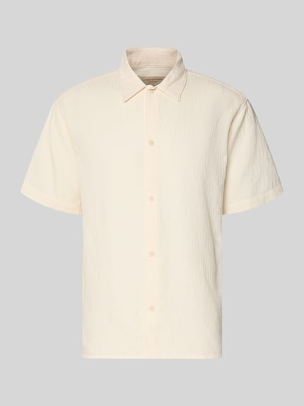 Produktfoto, Regular Fit Freizeithemd mit Strukturmuster Modell 'MONTAUK' von Jack & Jones, Reine Baumwolle, beige, Kentkragen, Knopfleiste.