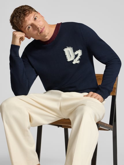 Dsquared2 Ready to Wear Slim Fit Strickpullover aus reiner Wolle mit Logo-Patch Dunkelblau 3