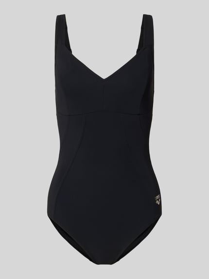 Produktfoto, badpak met shaping-effect en V-hals model 'Vertigo' van Arena, zwart, glad materiaal, logoprint, verstelbare bandjes, shapewear, sneldrogend, chloorbestendig, uv-bescherming, hoog draagcomfort