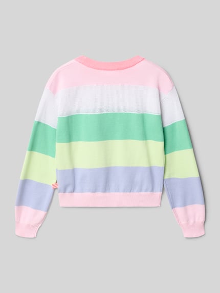 Productfoto, Regular Fit Pullover in tricotlook van BILLIEBLUSH voor kinderen, puur katoen, met pailletten, ronde hals, elastische boorden, ruglengte maat 116: 40 cm, mouwlengte maat 116: 42 cm, pastelstrepen in roze, groen, wit, lila en lichtgeel, zachte textuur