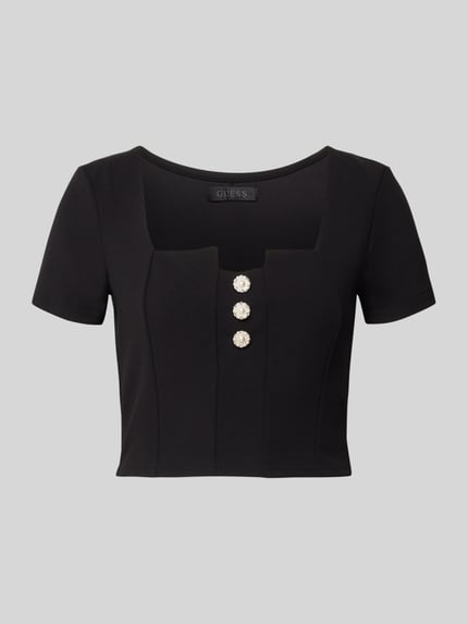 Produktfoto, Cropped T-Shirt mit Ziersteinbesatz Modell 'Evelina' von GUESS, elastyczna mieszanka materiałów, krój krótki, krój slim fit