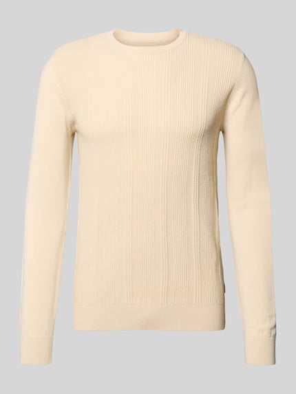 Productfoto, Slim Fit Pullover in breistructuur, model 'Baron' van Blend, crème, katoen, ronde hals, elastische boorden
