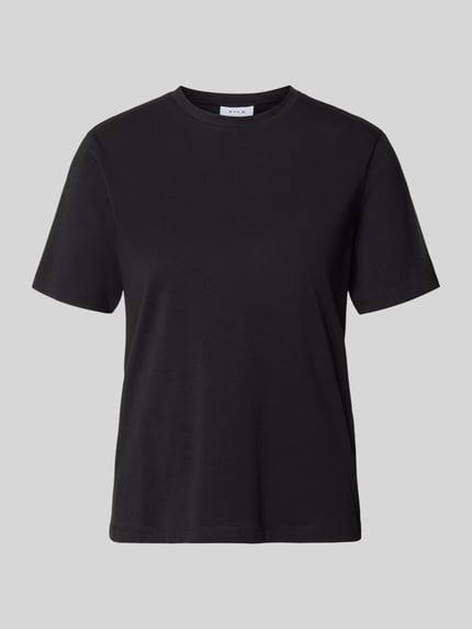 Produktfoto, czarny damski t-shirt z mieszanki bawełny z dodatkiem streczu Vila T-Shirt mit Rundhalsausschnitt Modell 'NORA', krój straight fit, okrągły dekolt, długość tyłu w rozmiarze S: 58 cm