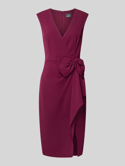 Produktfoto, Knielanges Kleid mit Zierschleife von Adrianna Papell z elastycznej mieszanki materiałów, krój taliowany, długość do kolan, ozdobna kokarda, bez rękawów, dekolt w serek, kopertowy styl, marszczenia, długość tyłu w rozmiarze 36: 95 cm, szerokość w rozmiarze 36: 43 cm