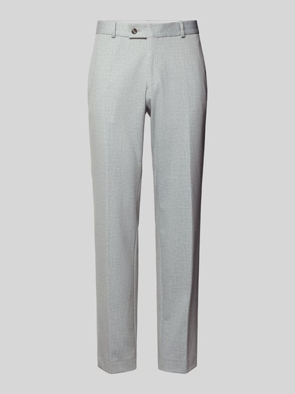 Produktfoto, Slim Fit Stoffhose mit Viskose-Anteil Modell 'Paco' von CG - Club of Gents aus Elastischer-Material-Mix mit Bügelfalten, Eingriffstaschen, Gesäßtasche, Knopf- und Reißverschluss, hellgrauer Anzug-Stoff, glatte Oberfläche, Bundweite 45 cm, Innenbeinlänge 80 cm, Größe 50.