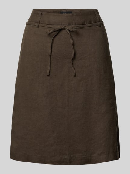 Produktfoto, Damen Minirock aus reinem Leinen Modell 'Rinea' von OPUS in A-Linie mit seitlichem Reißverschluss und Schnürung, braune Farbe, glatte Textur, Bundweite 40 cm, Gesamtlänge 51 cm Größe 36