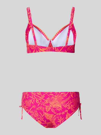Produktfoto, Bikini mit Bügel und Schnürung Modell 'Kensi' von VENICE BEACH im floralen Pink-Orange-Design, Material-Mix mit Stretch-Anteil, Label-Detail