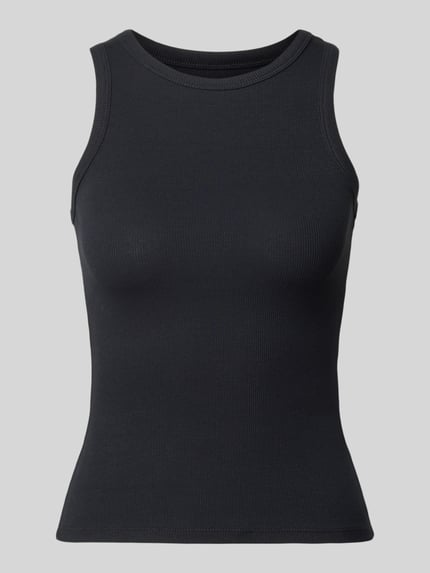 Produktfoto, schwarzes Tanktop mit Feinripp von REVIEW aus Baumwoll-Elasthan-Mix, körpernahe Passform, sichtbare feine Rippenstruktur.